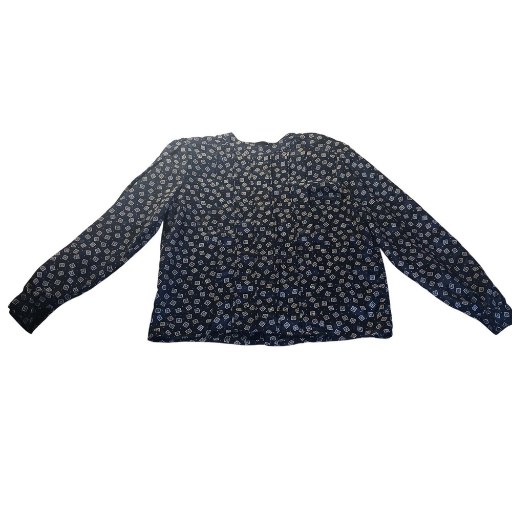 Jordan New York Blouse Womens 5/6 Navy Geometric Satin Pleated Retro Top Vintage